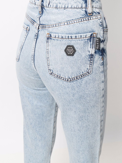 Shop Philipp Plein Cropped High-waist Bofriend Jeans In Blue