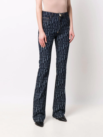 Philipp Plein All-over Logo Flared Jeans In Blue