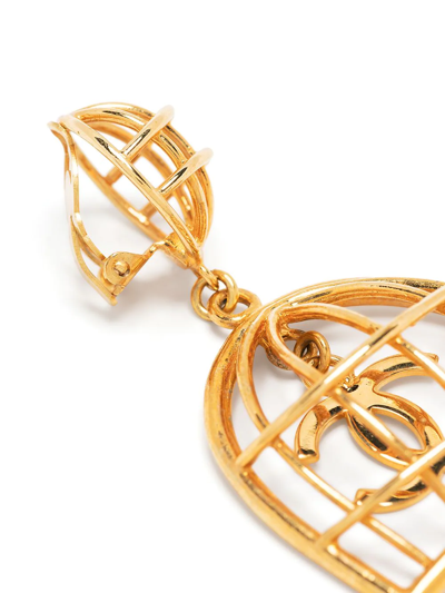 Pre-owned Chanel 1993 Cc Birdcage Clip-on Earrings In Gold