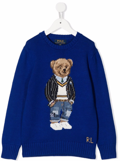 Shop Ralph Lauren Teddy Bear-print Crew Neck Sweatshirt In Blue