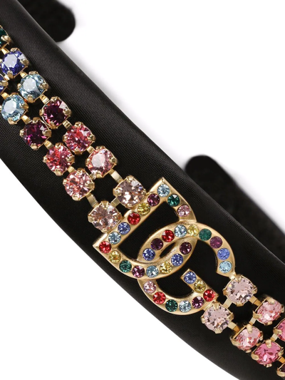 Shop Dolce & Gabbana Crystal-embellished Logo Satin Headband In Black