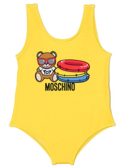 Shop Moschino Teddy Bear Logo Swimsuit In Yellow