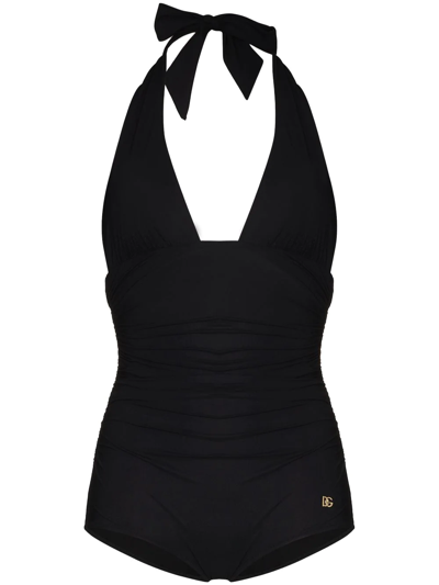 Shop Dolce & Gabbana Logo-plaque Halterneck Swimsuit In Black