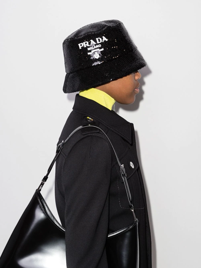 Prada Logo-embellished Sequined Bucket Hat In Black