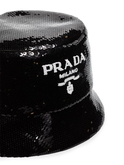 Prada Logo-embellished Sequined Bucket Hat In Black