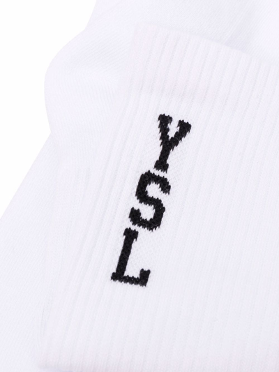 Shop Saint Laurent Intarsia-knit Logo Socks In White