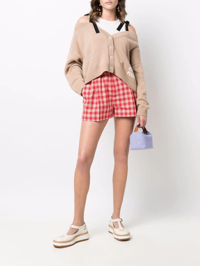 Miu Miu Paperbag-waist Checked Shorts In Red