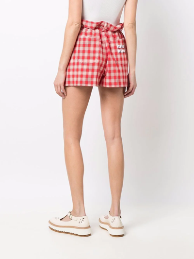 Miu Miu Paperbag-waist Checked Shorts In Red