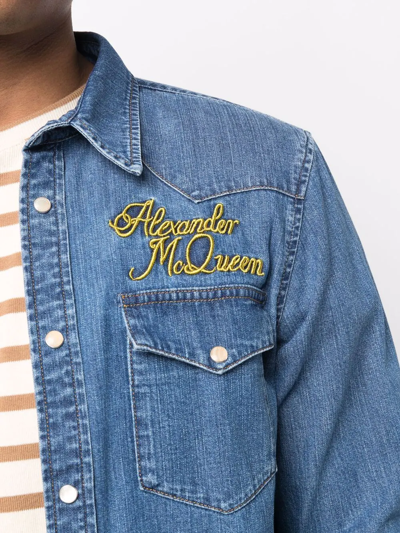 Shop Alexander Mcqueen Logo-embroidered Denim Shirt In Blue