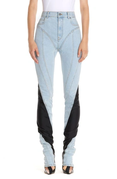 Shop Mugler High Waist Colorblock Bonded Jersey & Denim Skinny Jeans In B6095 Pale Blue / Black