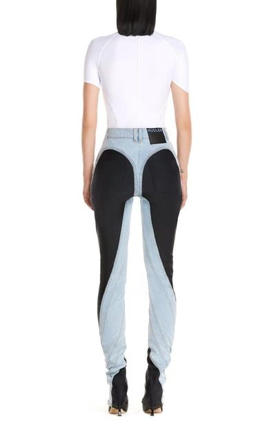 Shop Mugler High Waist Colorblock Bonded Jersey & Denim Skinny Jeans In B6095 Pale Blue / Black
