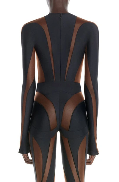 Shop Mugler Illusion Mesh Long Sleeve Bodysuit In Black Nude 01