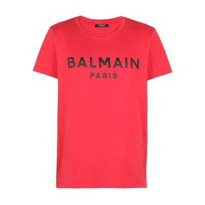 Shop Balmain Cotton T-shirt With Logo Print In Rouge Noir