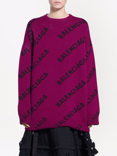 Shop Balenciaga Allover Logo Organic Wool Sweater In Violet