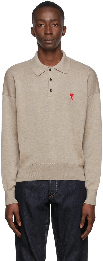 Shop Ami Alexandre Mattiussi Beige Knit Ami De Cœur Long Sleeve Polo In 250 Beige