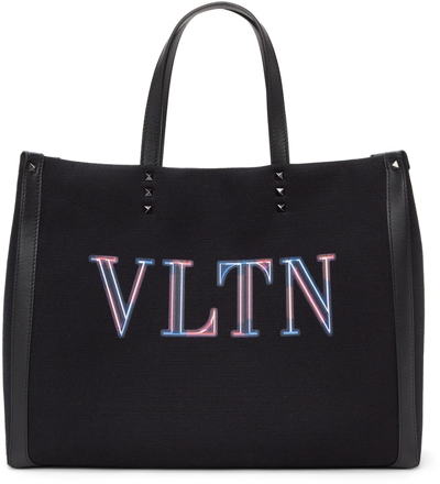 Shop Valentino Black Medium Vltn Neon Tote In Nero/multicolor/nero