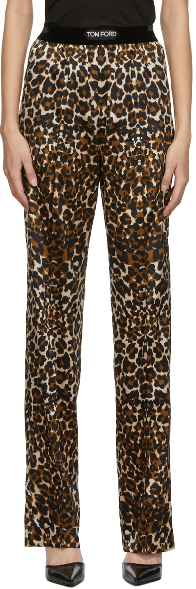 Shop Tom Ford Black & Beige Leopard Silk Satin Lounge Pants In Xlbjb Black & Beige