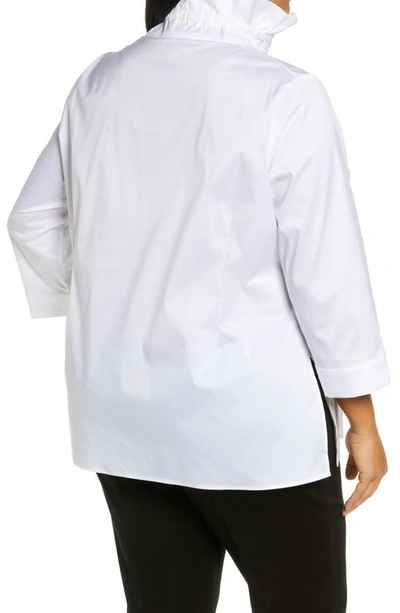 Ming Wang Ruffle Neck Button Front Cotton Poplin Blouse In White