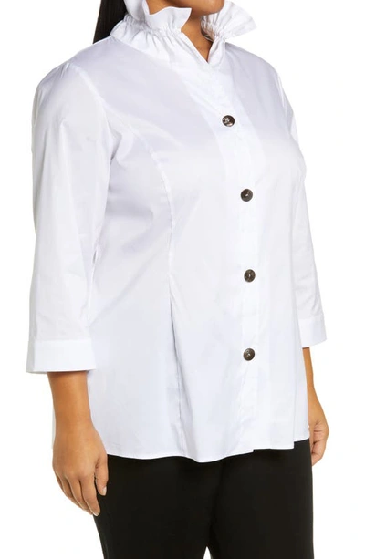 Ming Wang Ruffle Neck Button Front Cotton Poplin Blouse In White