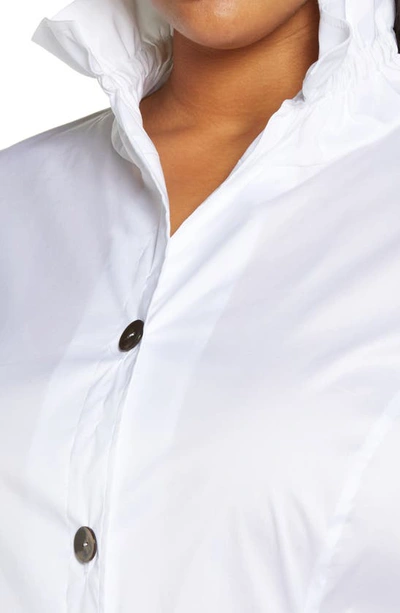 Ming Wang Ruffle Neck Button Front Cotton Poplin Blouse In White