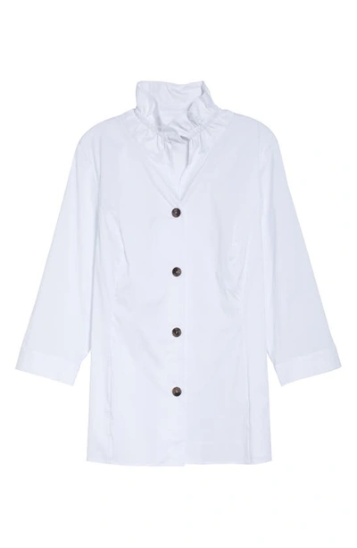 Ming Wang Ruffle Neck Button Front Cotton Poplin Blouse In White
