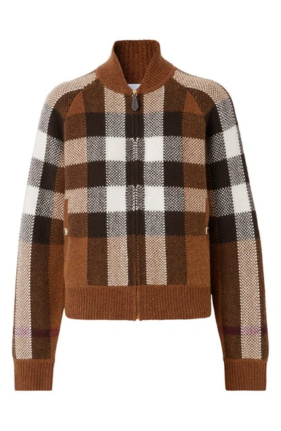 Shop Burberry Demmi Check Jacquard Wool & Cashmere Sweater Bomber Jacket In Dark Birch Brown