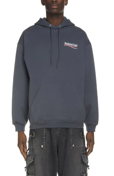 Shop Balenciaga Campaign Embroidered Logo Medium Fit Cotton Hoodie In Dark Grey/ White