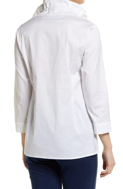 Ming Wang Ruffle Neck Button Front Cotton Poplin Blouse In White