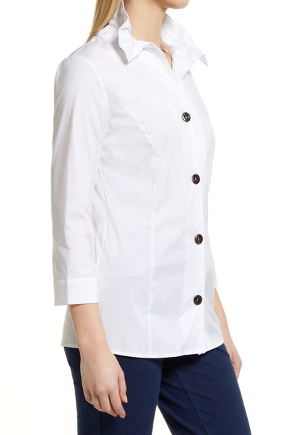 Ming Wang Ruffle Neck Button Front Cotton Poplin Blouse In White