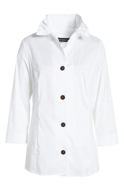 Ming Wang Ruffle Neck Button Front Cotton Poplin Blouse In White
