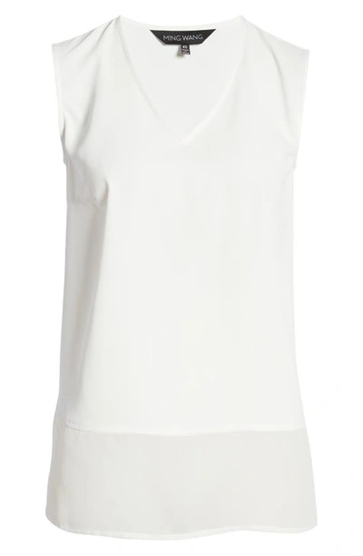 Ming Wang Sheer Hem Crêpe De Chine Sleeveless Top In White