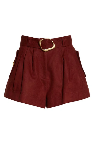 Shop Aje Vista Belted Linen Shorts In Russet Red