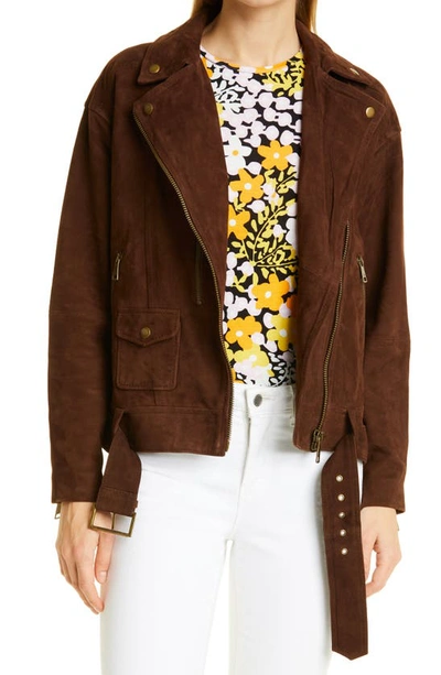 Shop Ted Baker Tiffniy Oversize Suede Biker Jacket In Dark Brown