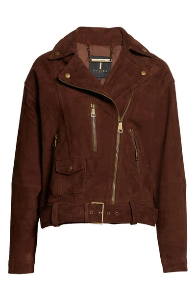 Shop Ted Baker Tiffniy Oversize Suede Biker Jacket In Dark Brown