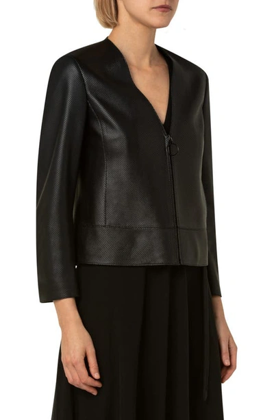 Shop Akris Punto Front Zip Crop Perforated Leather Jacket In 009-black