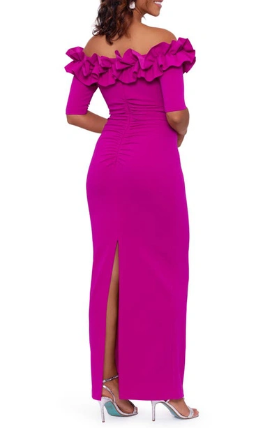 Xscape Ruffle Off The Shoulder Crepe Column Gown In New Fuchia
