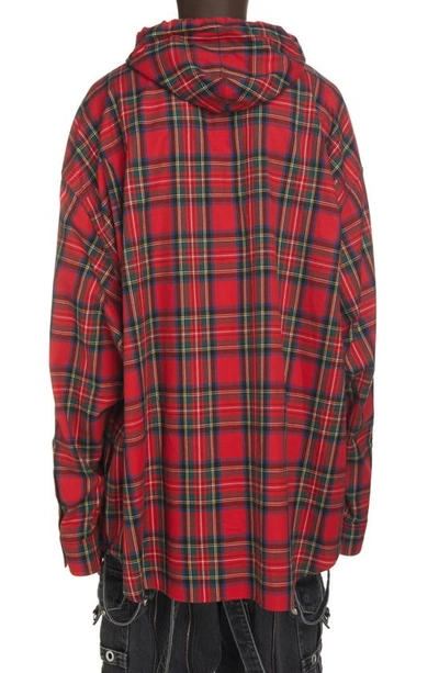 Shop Balenciaga Plaid Hooded Flannel Button-up Shirt In Red Plaid