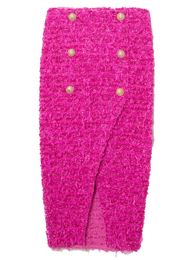 Shop Balmain X Barbie Pink Tweed Midi Skirt