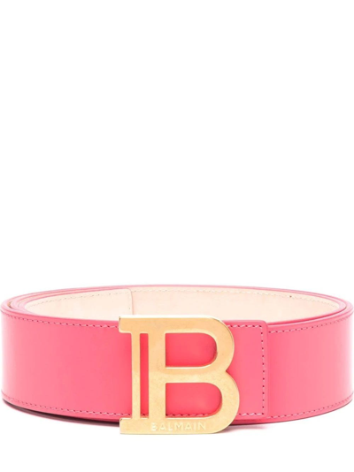 Shop Balmain Logo Plaque Pink Leather Belt