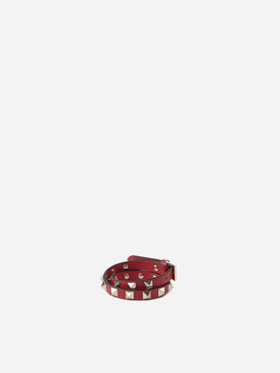 Shop Valentino Rockstud Double Wrap Leather Bracelet In Red