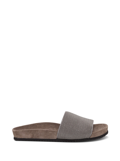Shop Brunello Cucinelli Slide Leather Monile Sandals In Beige