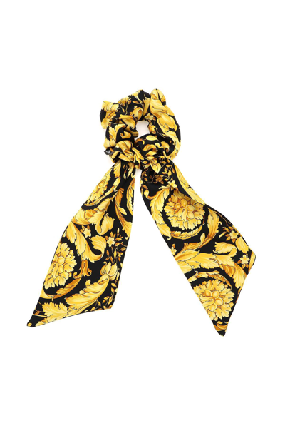 Shop Versace Barocco Print Silk Scrunchie In F Do Nero Stampa Oro (black)