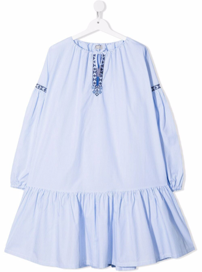 Shop Il Gufo Kids Girl S Light Blue Striped Cotton Dress With Ikat Inserts