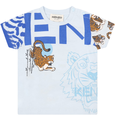 Shop Kenzo Light-blue T-shirt For Baby Boy With Tiger And Blue Logo In Light Blue