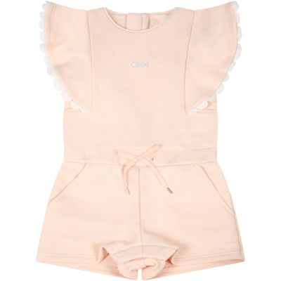 Shop Chloé Pink Jumpsuit For Baby Girl With Logo