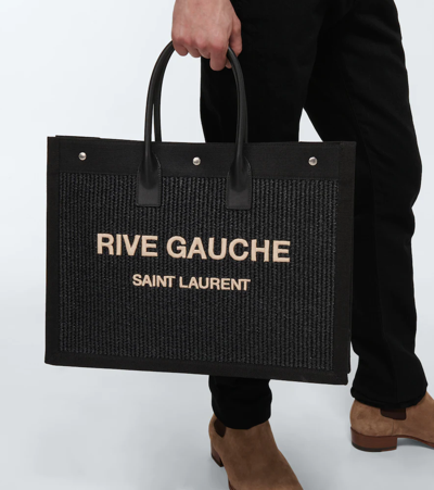 Shop Saint Laurent Rive Gauche Fabric Tote Bag In Nero/nat.beig/ne/ne