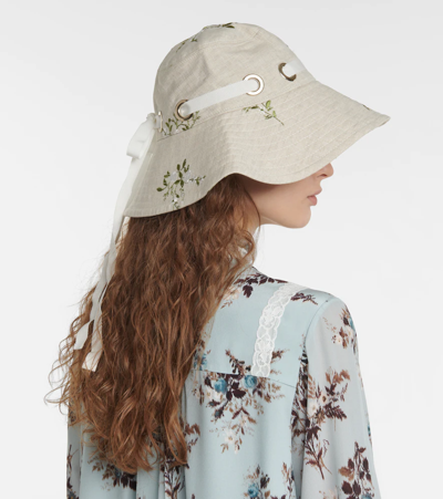 Shop Erdem Embroidered Linen-blend Bucket Hat In Sand