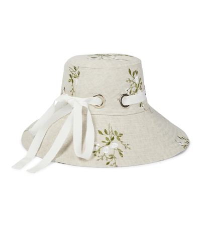 Shop Erdem Embroidered Linen-blend Bucket Hat In Sand