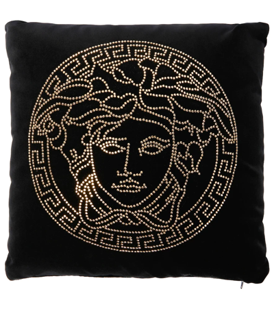 Shop Versace Medusa Embellished Velvet Cushion In Black