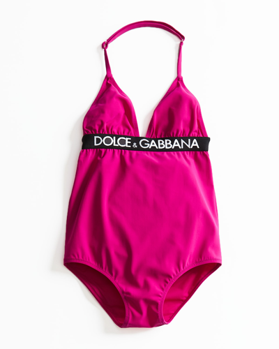 Shop Dolce & Gabbana Girl's Logo Tape One-piece Swimsuit In Pink
